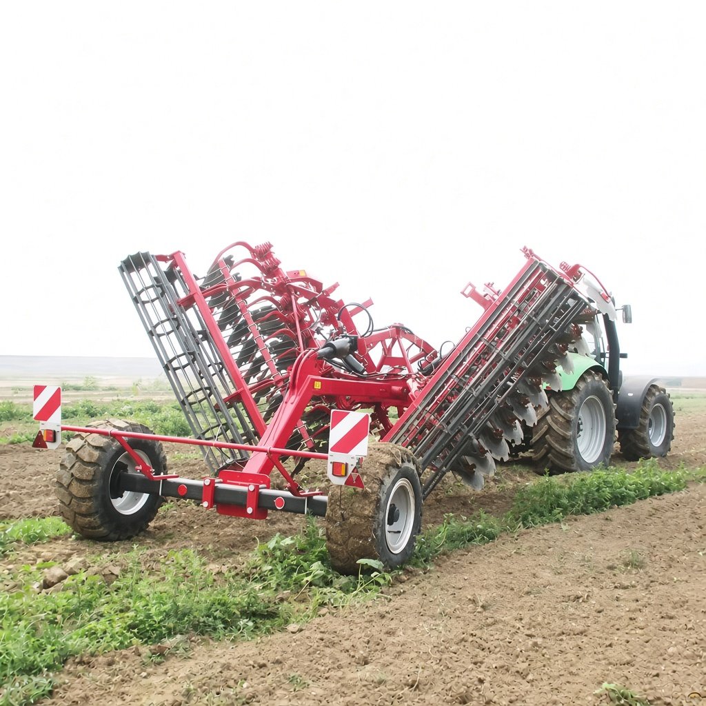 High-speed disc harrow working a field behind a tractor