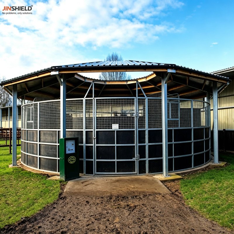 4 horse walker ring assembled with mesh divider panels, ground view