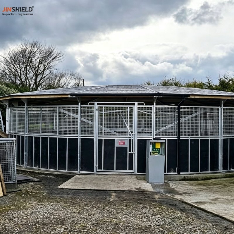 6 horse walker with curved horizontal rail panels, top view