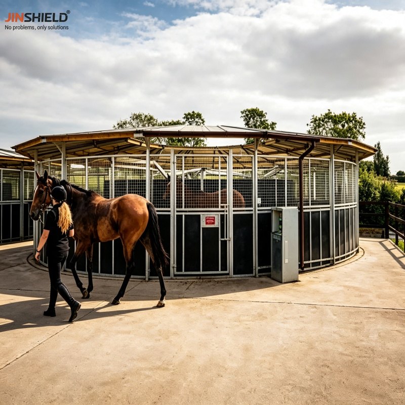 6 horse walker ring with powder coated curved rail panels, ground view