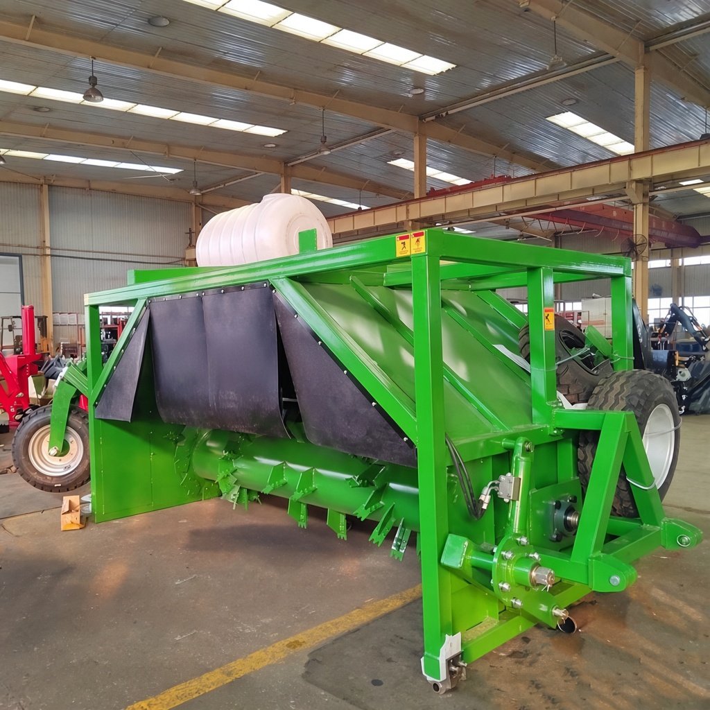 Compost windrow turner drum with mixing flails and PTO driveline